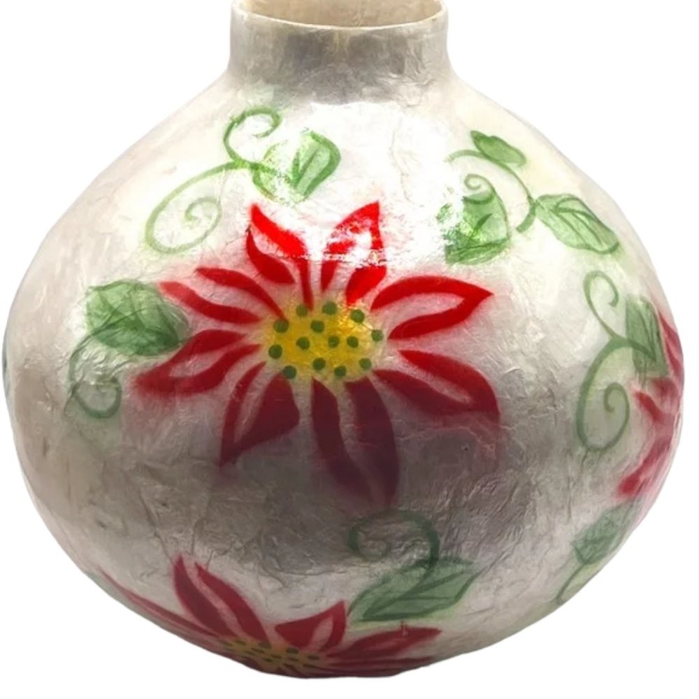 Handcrafted CAPIZ VASE Floral Philippines Red Green Yellow White Shimmery Lovely